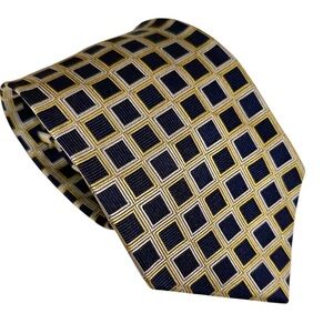 Brooks Brothers Makers Tie Silk Blue Yellow Square Jacquard 58x3.75” England USA